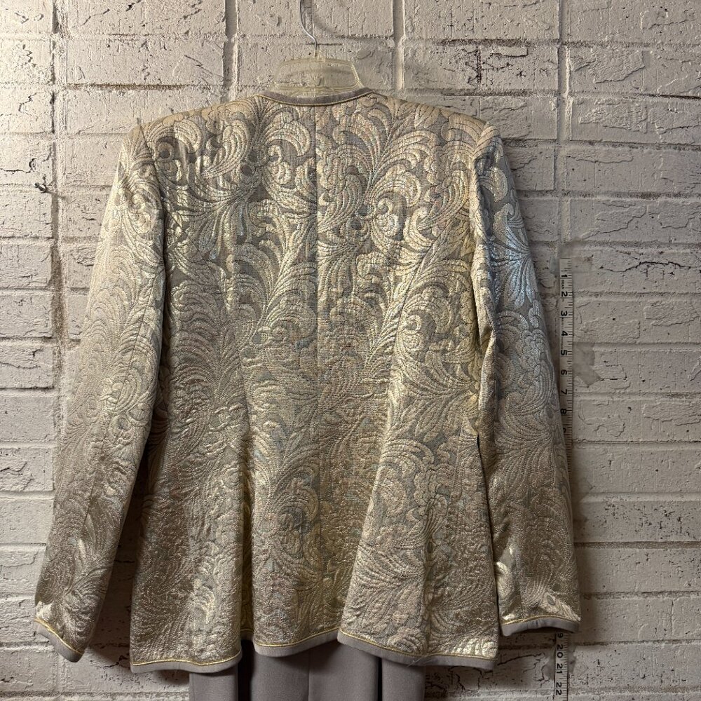 Karen Lawrence by Matthew Formal Dress w/ slit & Jacket Set | Silver Brocade - Picture 11 of 15